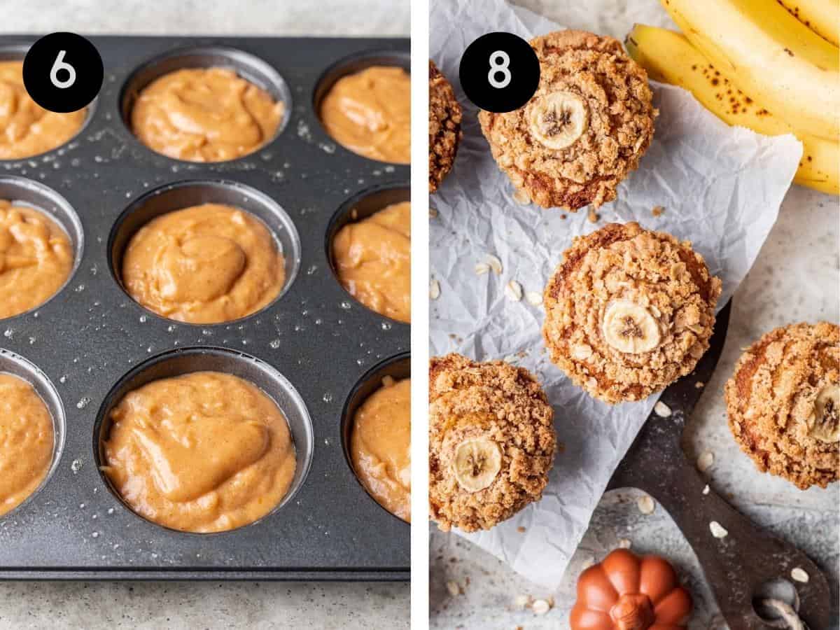 Pumpkin banana batter in a muffin pan. Muffins topped with banana slices on a serving tray.
