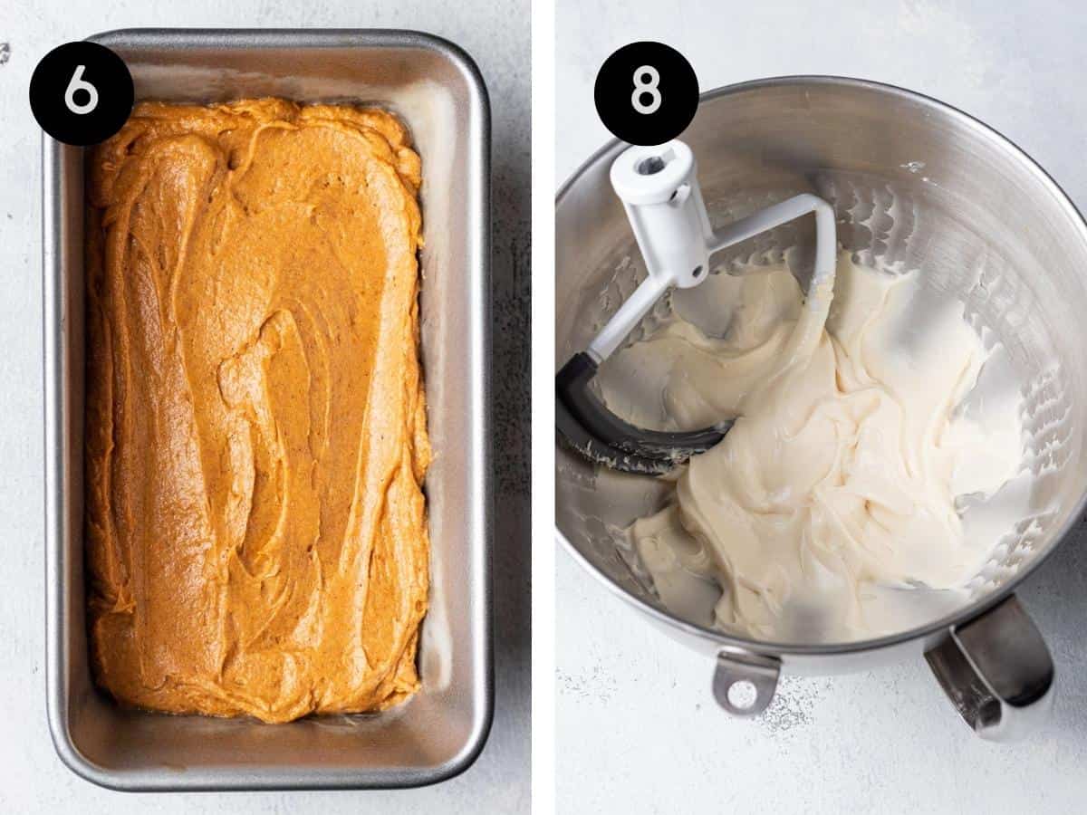 Pumpkin batter added to a loaf pan. Cream cheese frosting mixed in a mixing bowl.