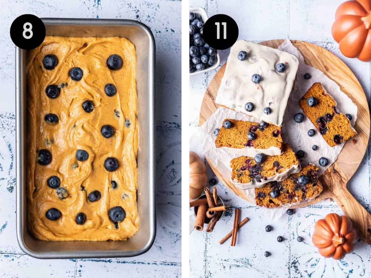 Pumpkin blueberry batter in a loaf pan. Then, baked and sliced on a serving tray.