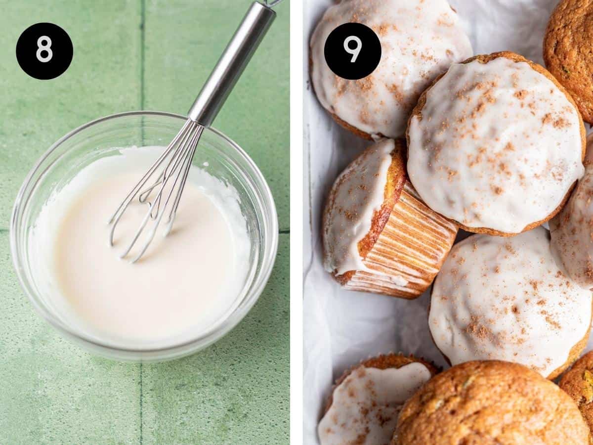 Glaze whisked together in a bowl, then spread on top of the pumpkin zucchini muffins.