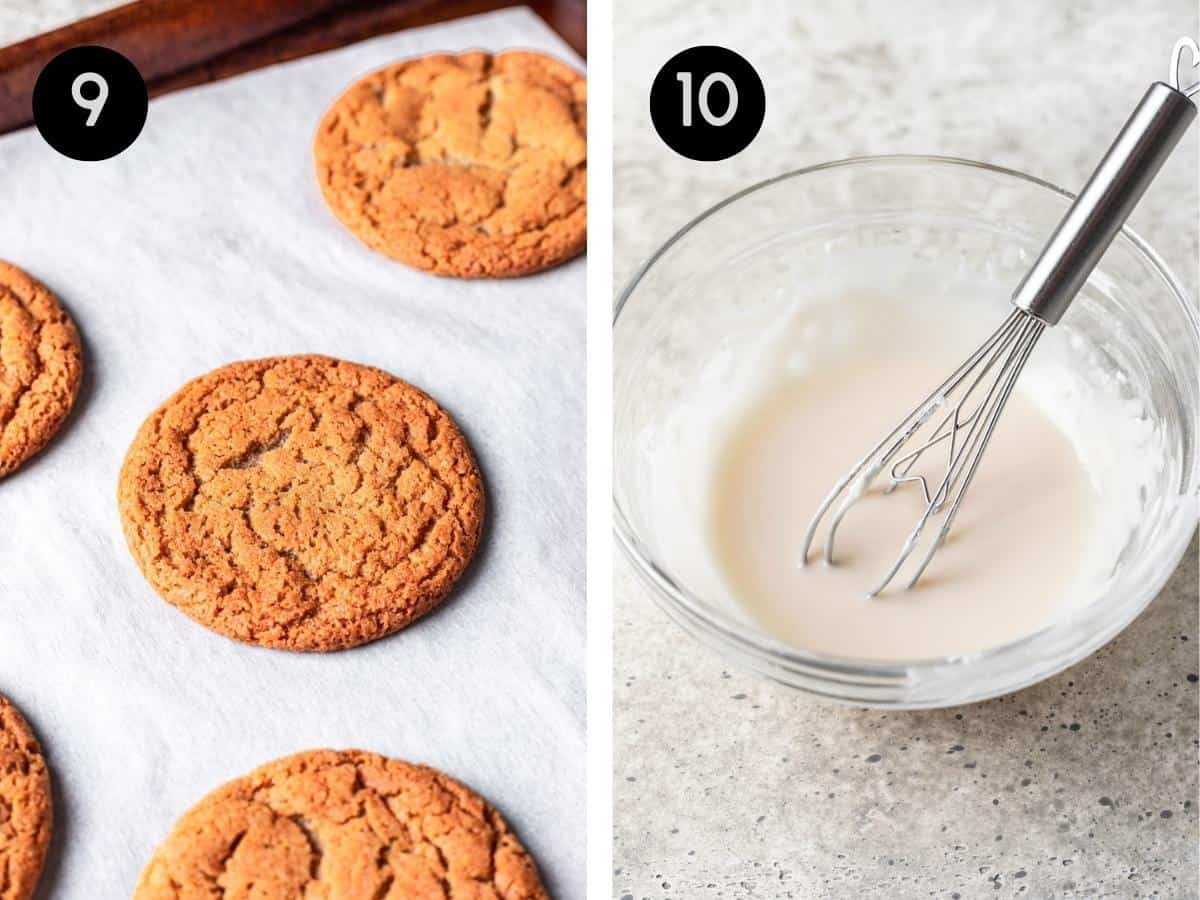 Golden brown cookies on a baking sheet. Icing mixed in a glass bowl.