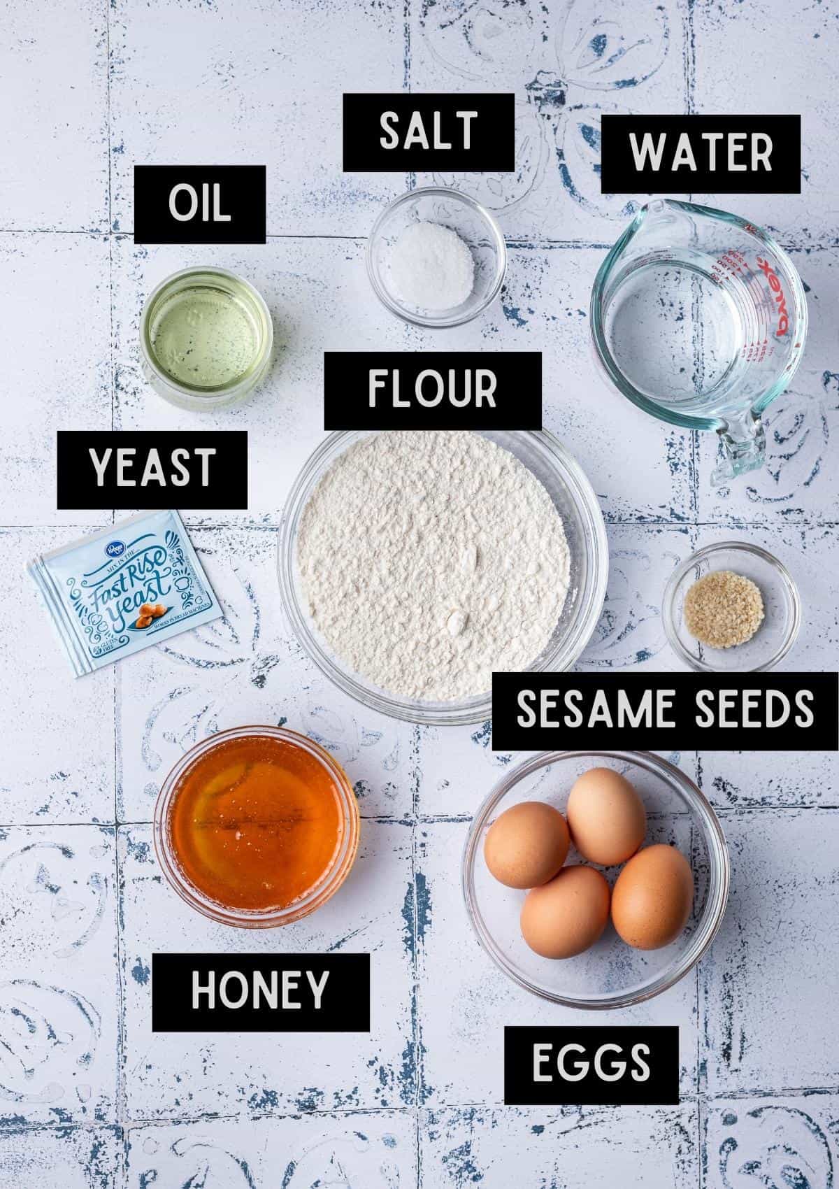 Labelled ingredients for challah rolls (see recipe for details).