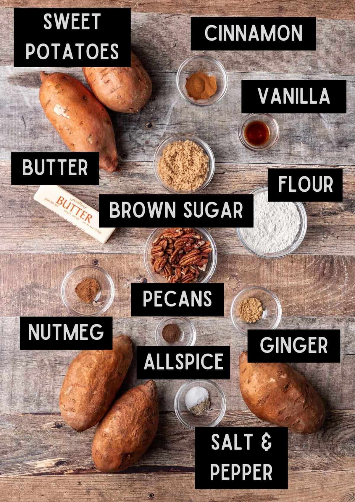 Labelled ingredients for sweet potato crunch casserole (see recipe for details).