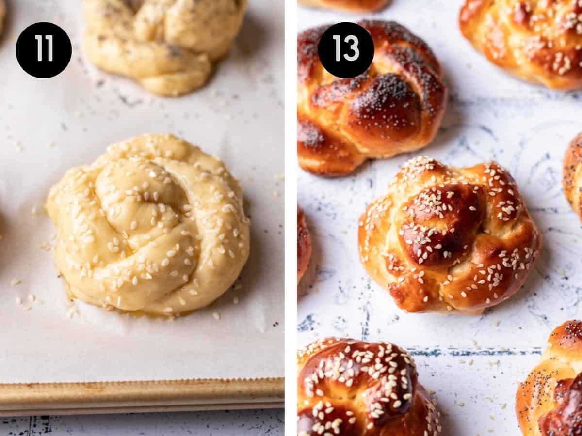 Raw challah roll topped with sesame seeds, then shown baked and golden brown.