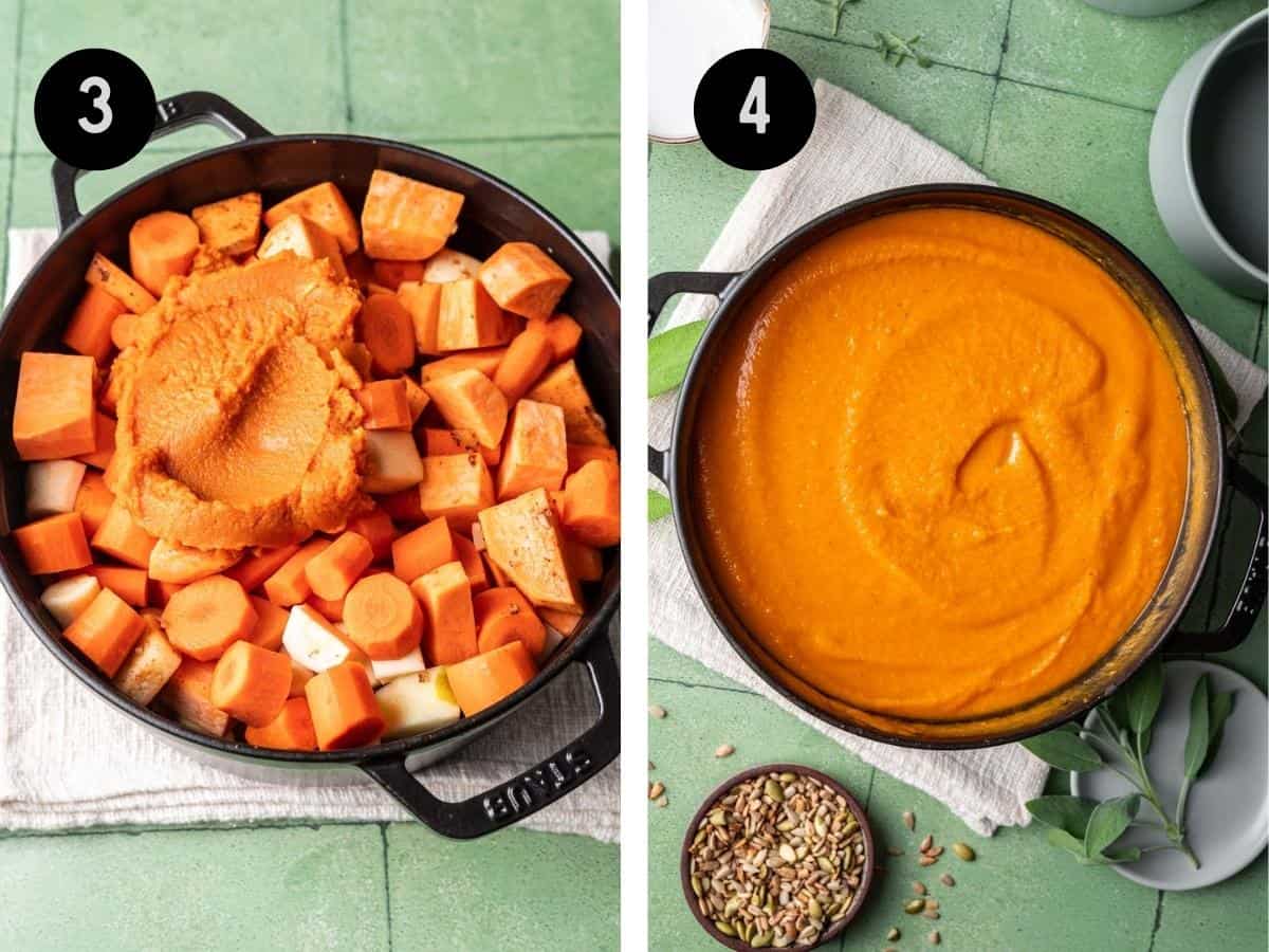Pumpkins, carrots, and sweet potatoes in a large soup pot. Then, pureed in the same pot.
