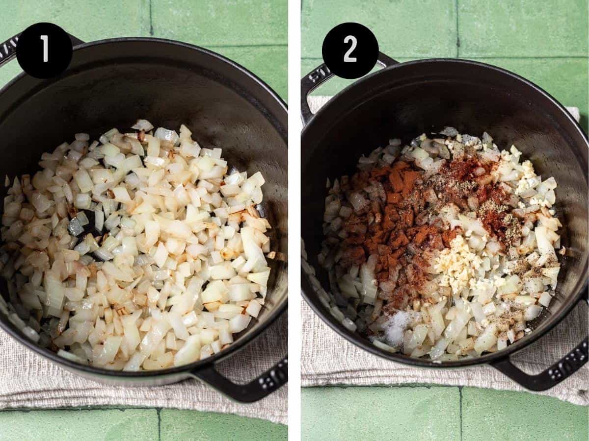 Onions sautéing in a large pot, then garlic, and seasonings added to it. 