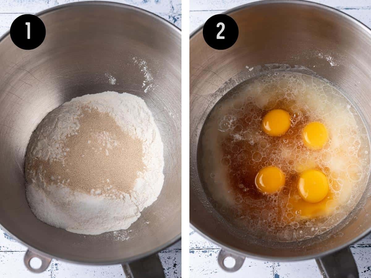 Dry ingredients in a mixing bowl. Then, wet ingredients added.