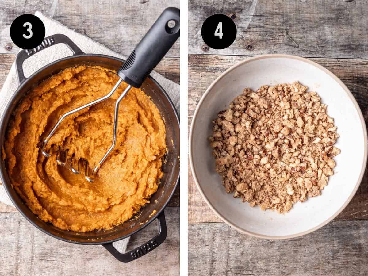 Mashed sweet potatoes in a large black pot. Crunch topping made in a white bowl.