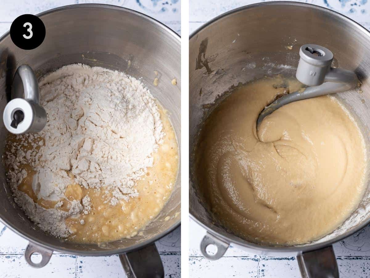 Flour added to wet ingredients in mixing bowl. Then, mixed together into a wet dough.