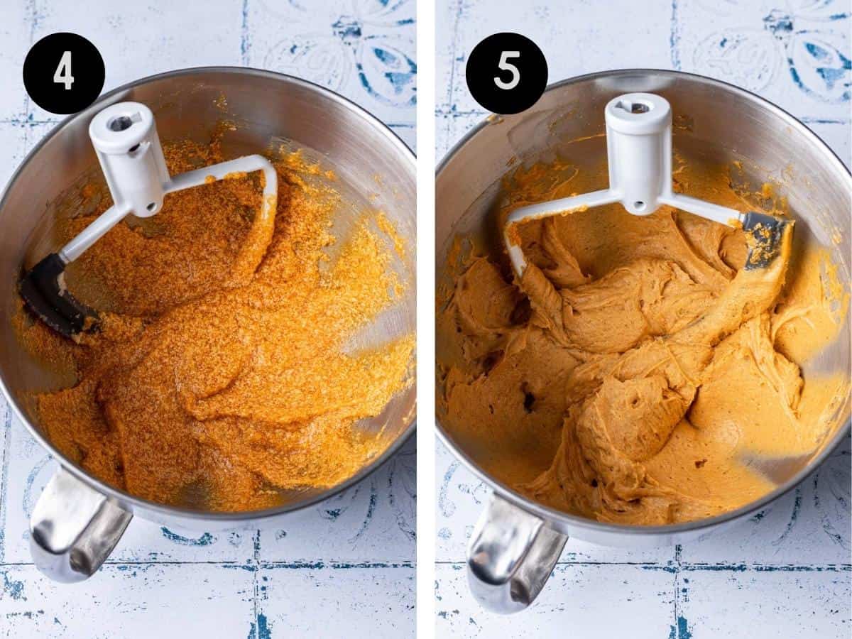 Pumpkin, eggs, and vanilla added to the butter and sugar. Then, mixed with the flour to create a batter.