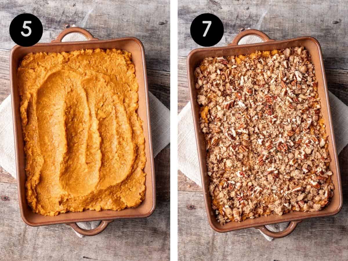 Mashed sweet potatoes spread out in a brown baking dish, then topped with pecan crunch topping.