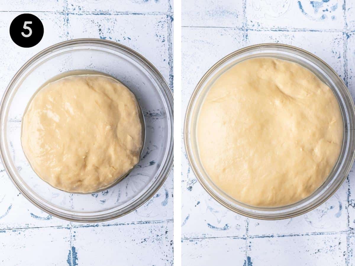 Challah roll dough rising in a glass mixing bowl.
