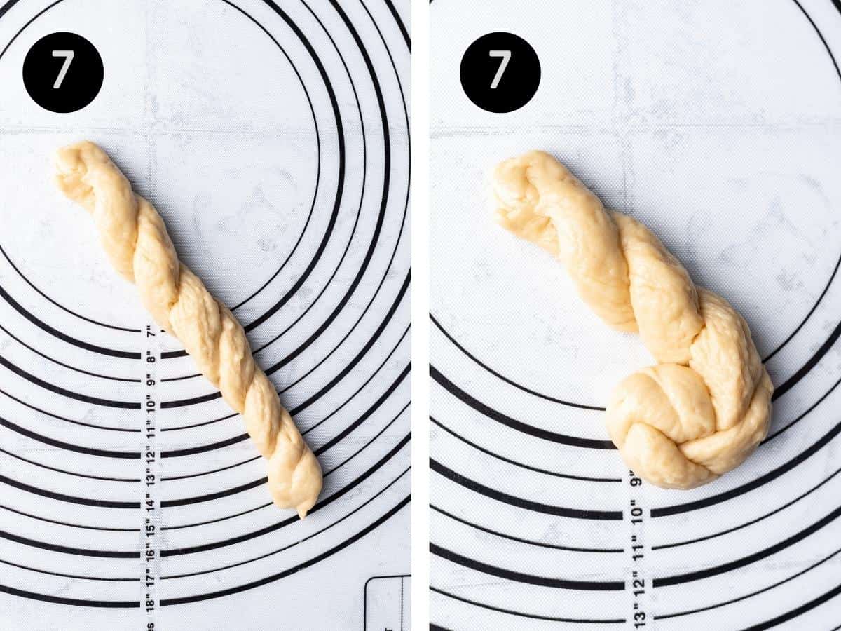 Challah dough twisted into 1 long strand, then curled up into itself to form a roll.