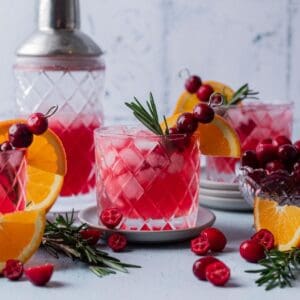 Cranberry gin cocktail in a glass garnished with fresh cranberries, an orange slice, and fresh rosemary.