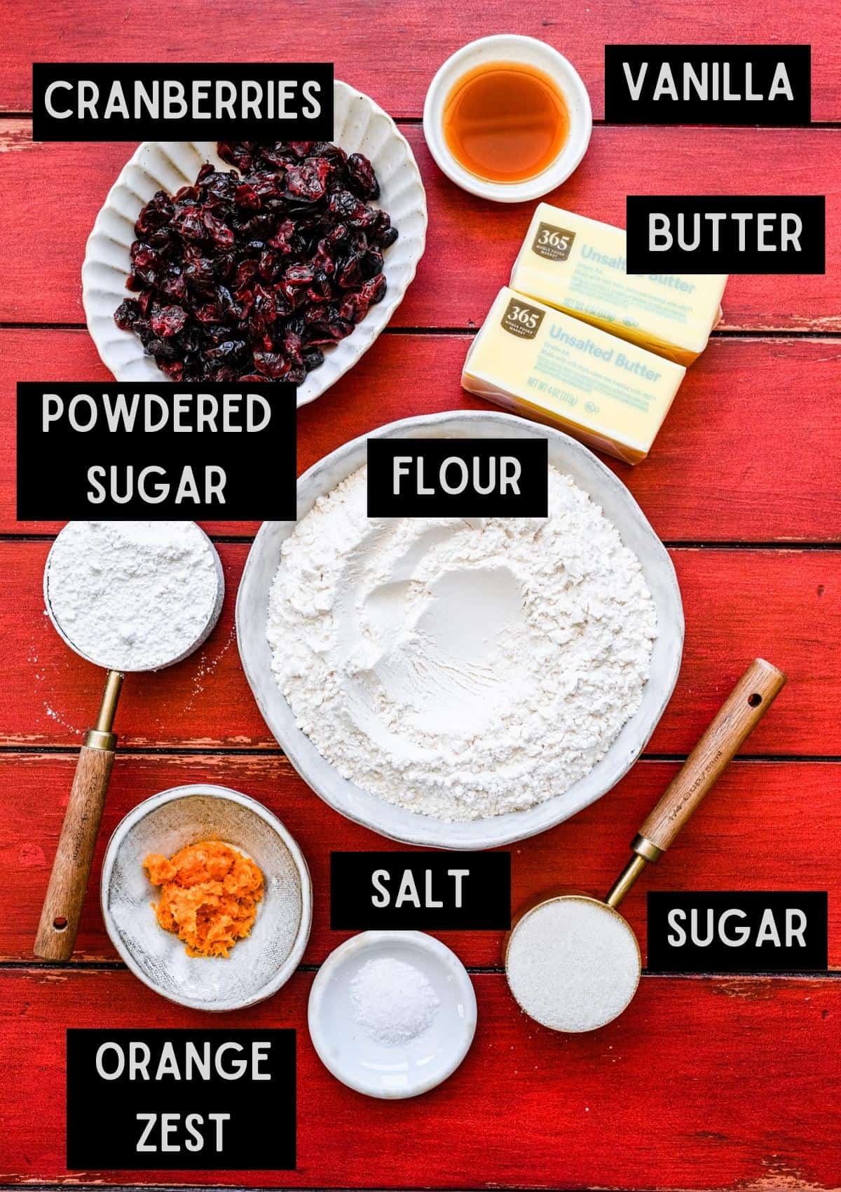Labelled ingredients for cranberry orange shortbread cookies (see recipe for details).