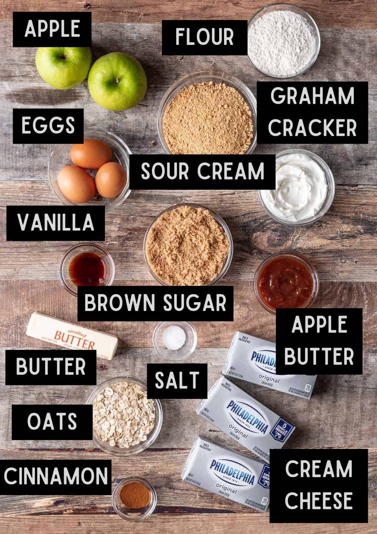 Labelled ingredients for apple crumble cheesecake (see recipe for details).