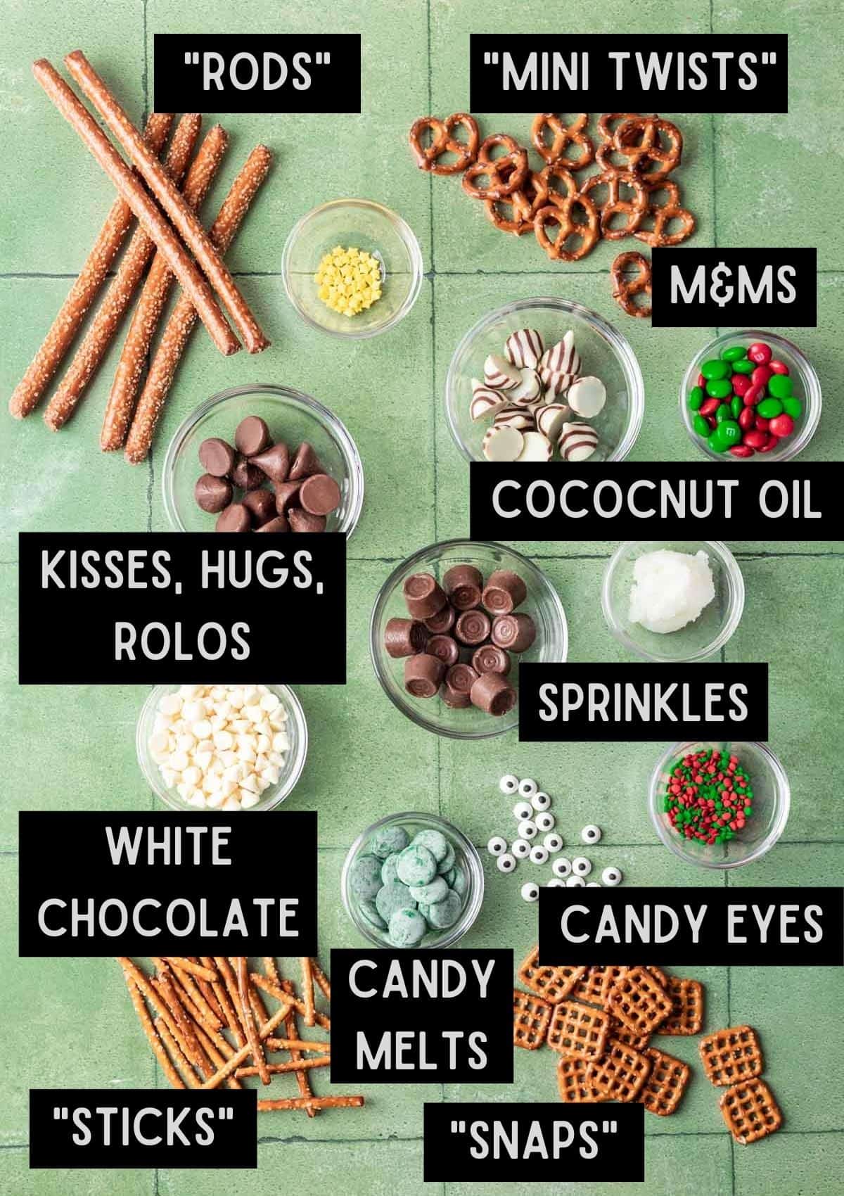 Labelled ingredients for Christmas pretzels (see recipe for details).