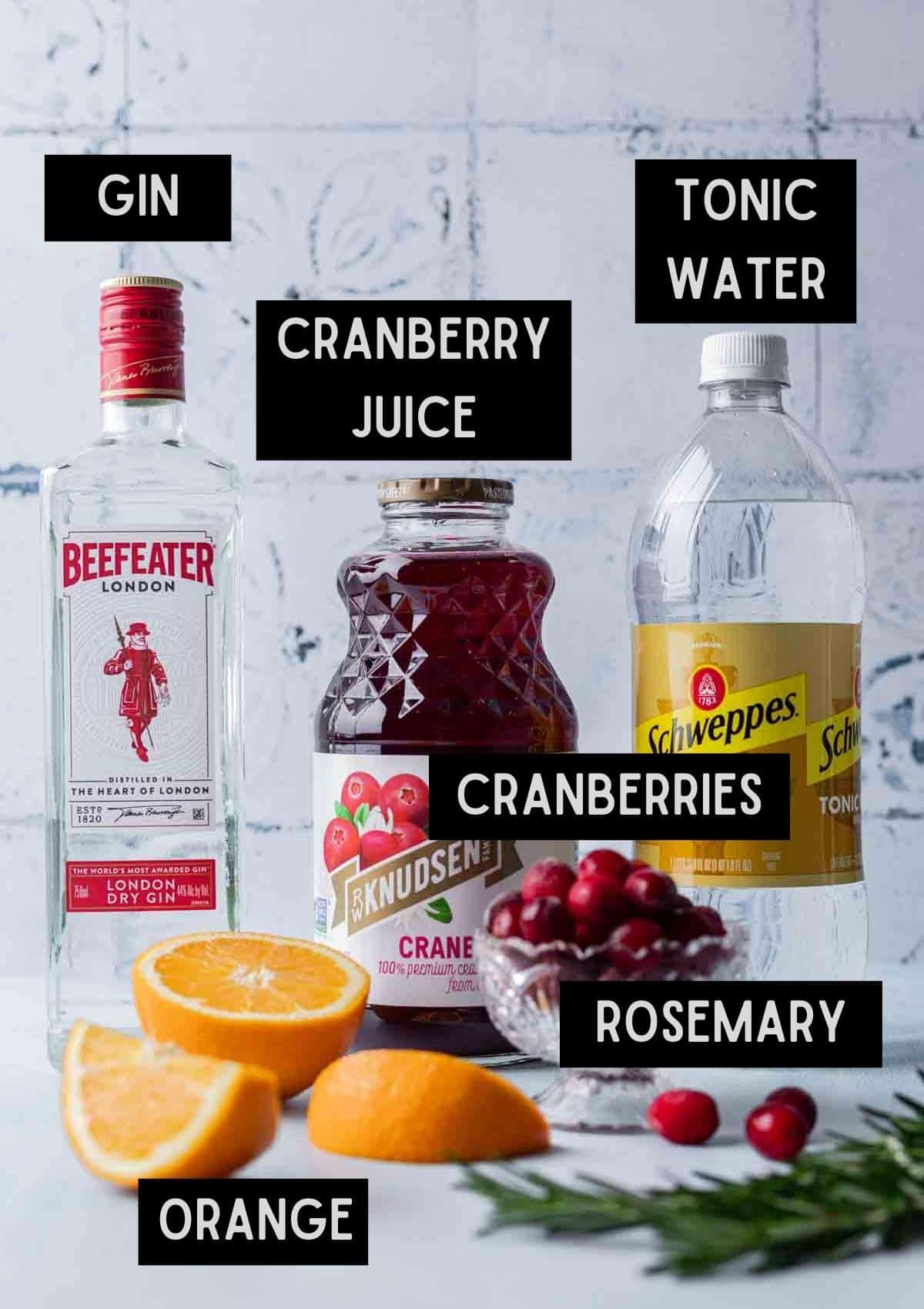 Labelled ingredients for cranberry gin cocktail (see recipe for details).