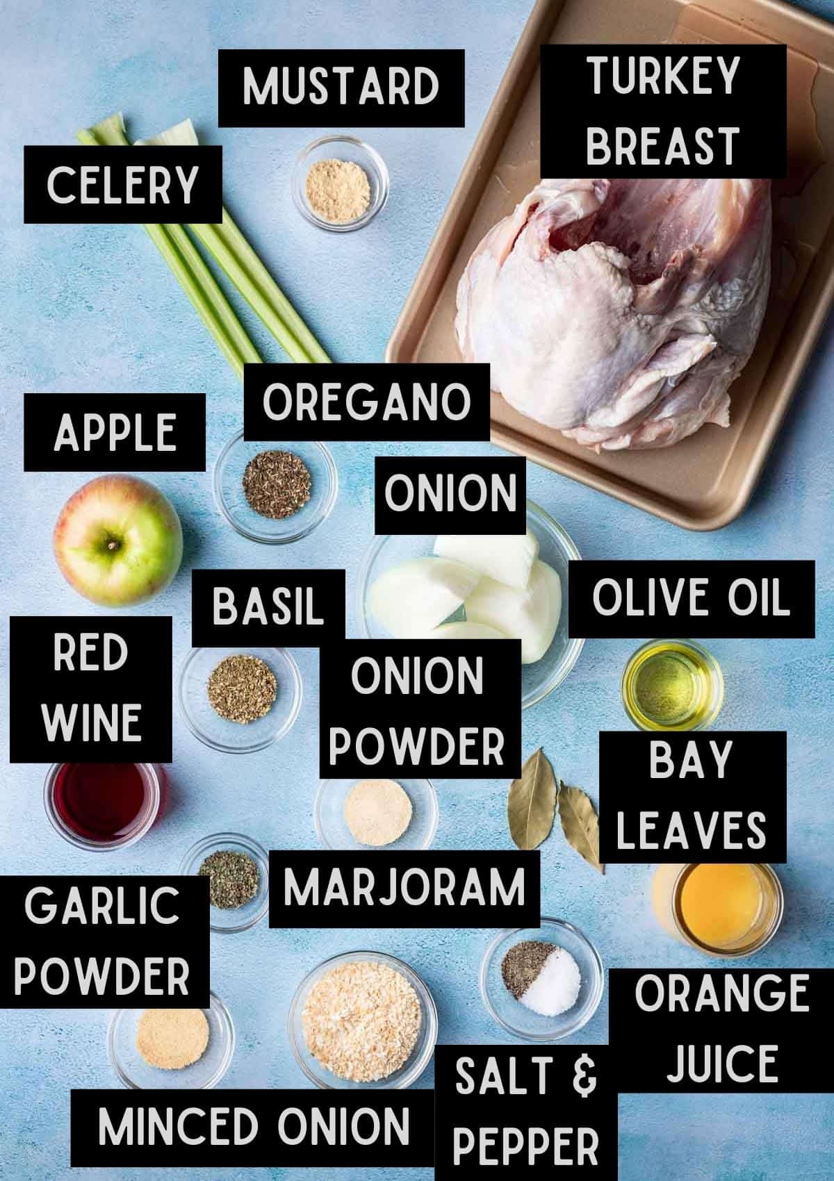 Labelled ingredients for dutch oven turkey breast (see recipe for details).