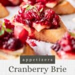 Pin graphic for cranberry brie crostini.