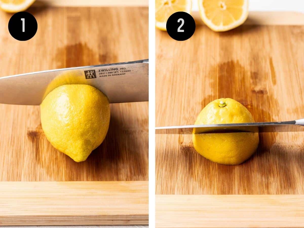 Cutting the lemon in half. Then, cutting each half into wedges.