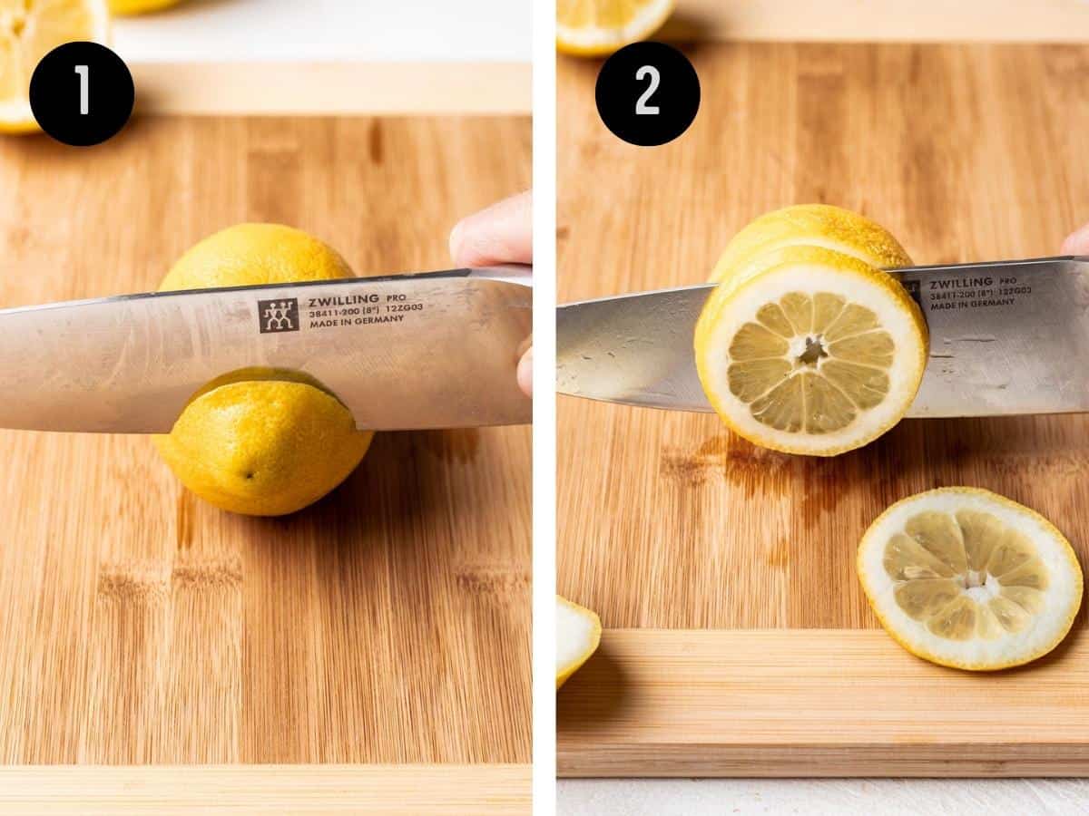 Cutting the end off a lemon, then cutting the lemon into thin slices.