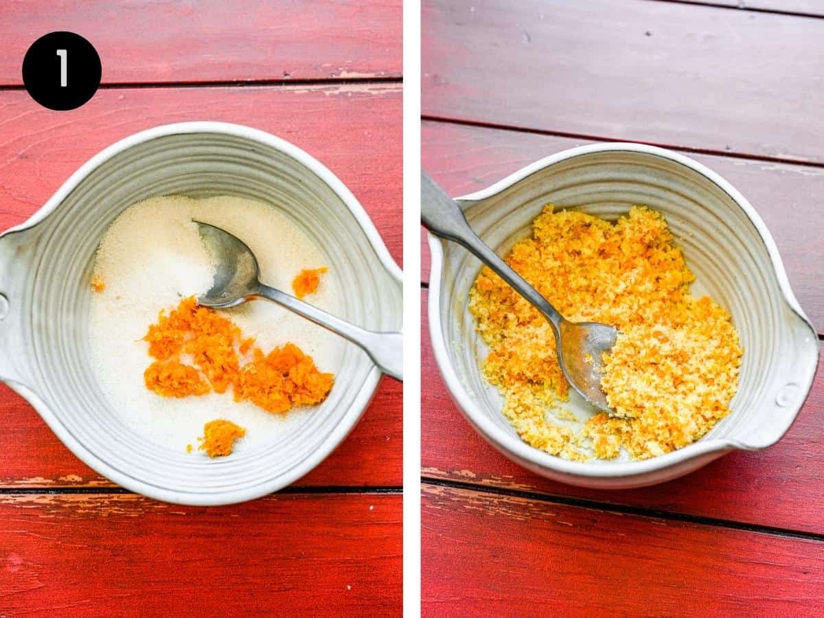Sugar and orange zest mixed together in a bowl.