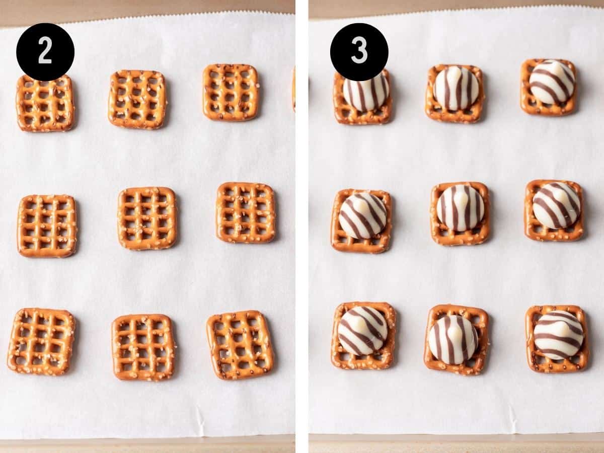Snap pretzels arranged on a baking sheet with Hershey's hugs on top.
