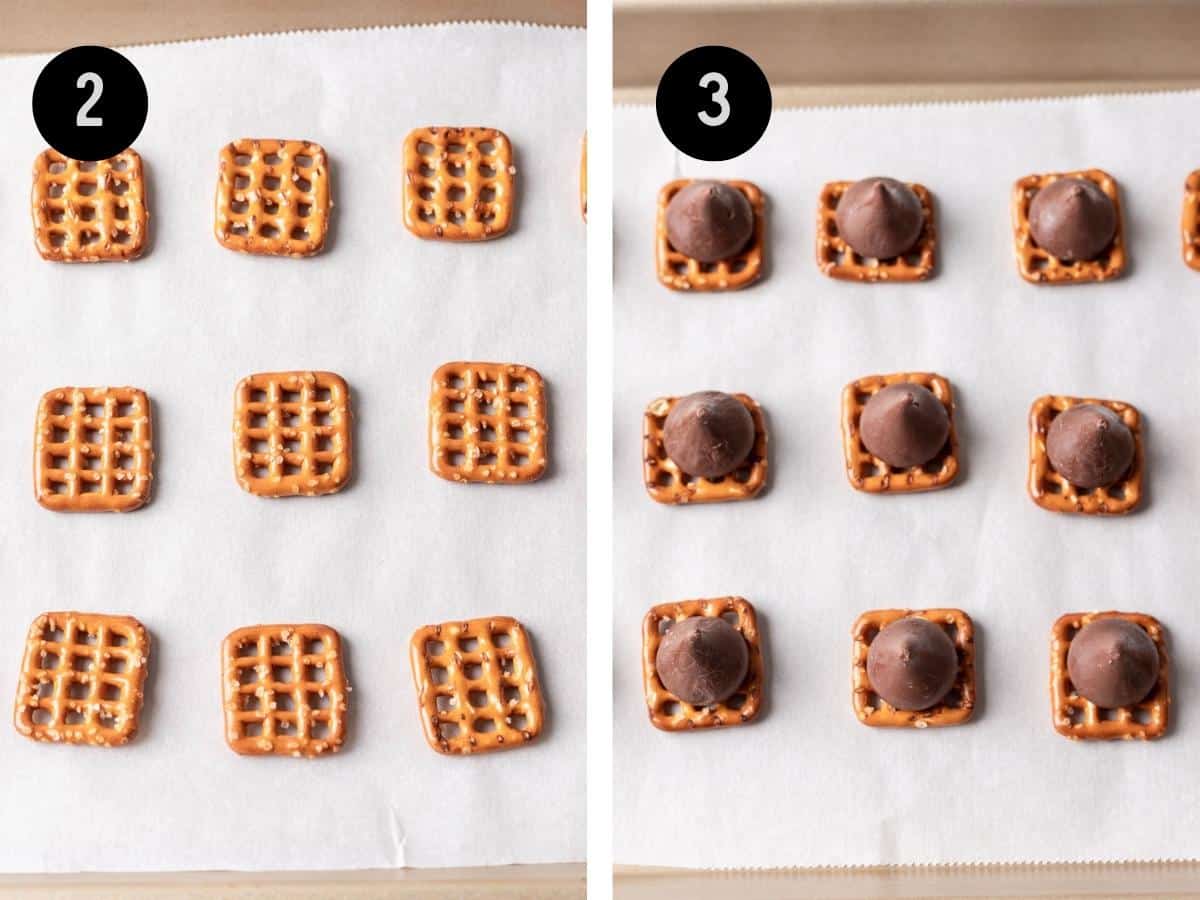 Snap pretzels arranged on a baking sheet, then topped with Hershey's kisses.