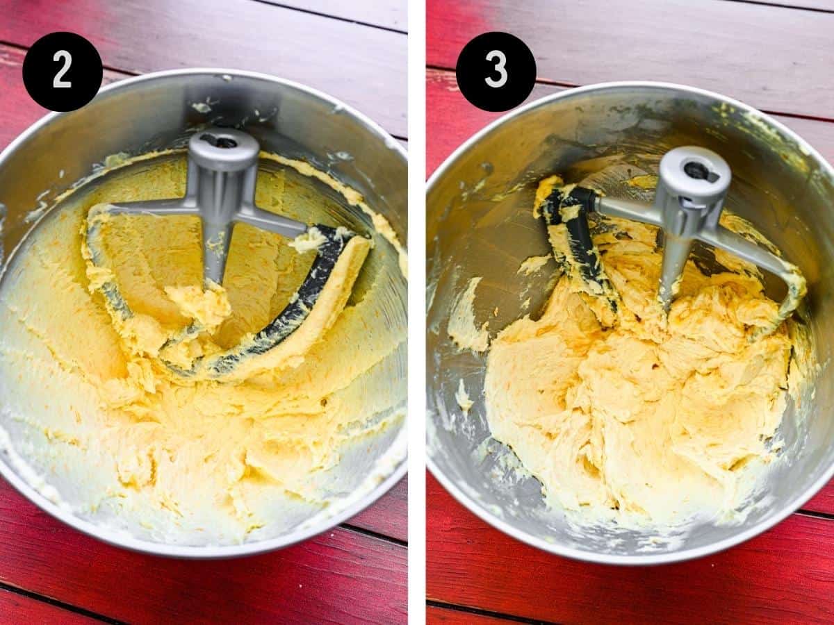 Butter and sugar beat together in a mixing bowl. Then, mixed with powdered sugar and vanilla.