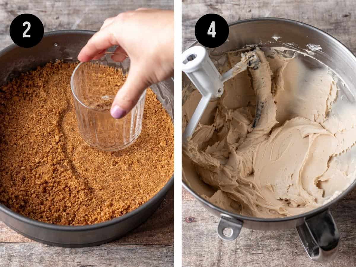 Flattening graham cracker crumbs with a cup in a springform pan to create crust. Cream cheese and brown sugar mixed in a mixing bowl.
