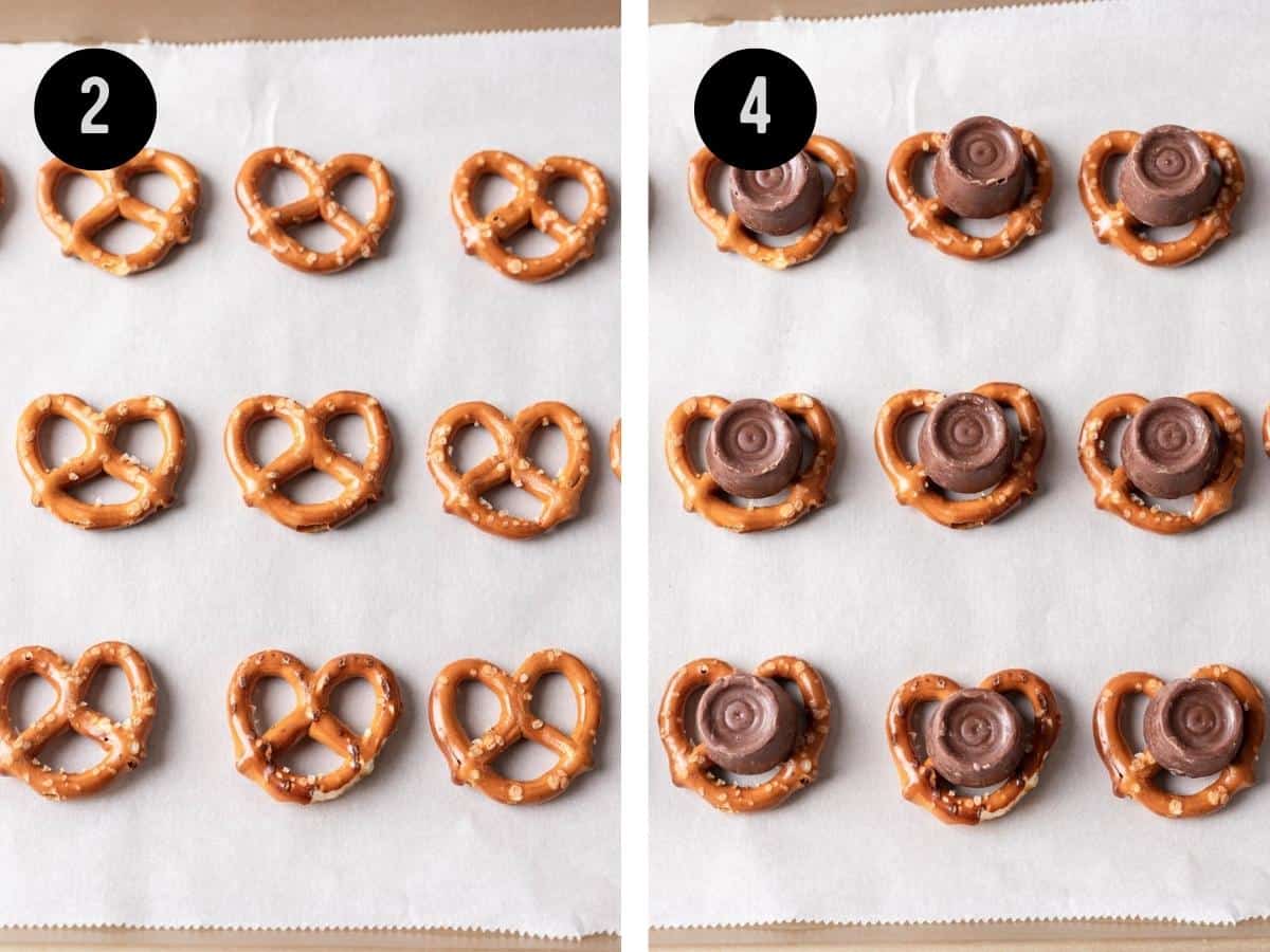 Mini twist pretzels arranged on a baking sheet with rolos candies on top.