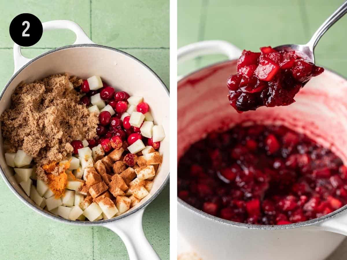 Cranberry compote cooked in a white saucepan.