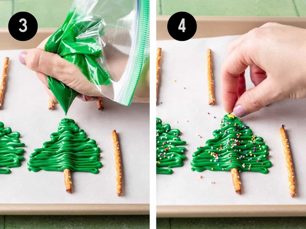 Melted green candy melts in a zip top bag drizzled over stick pretzels, then decorated with sprinkles to look like a Christmas tree.