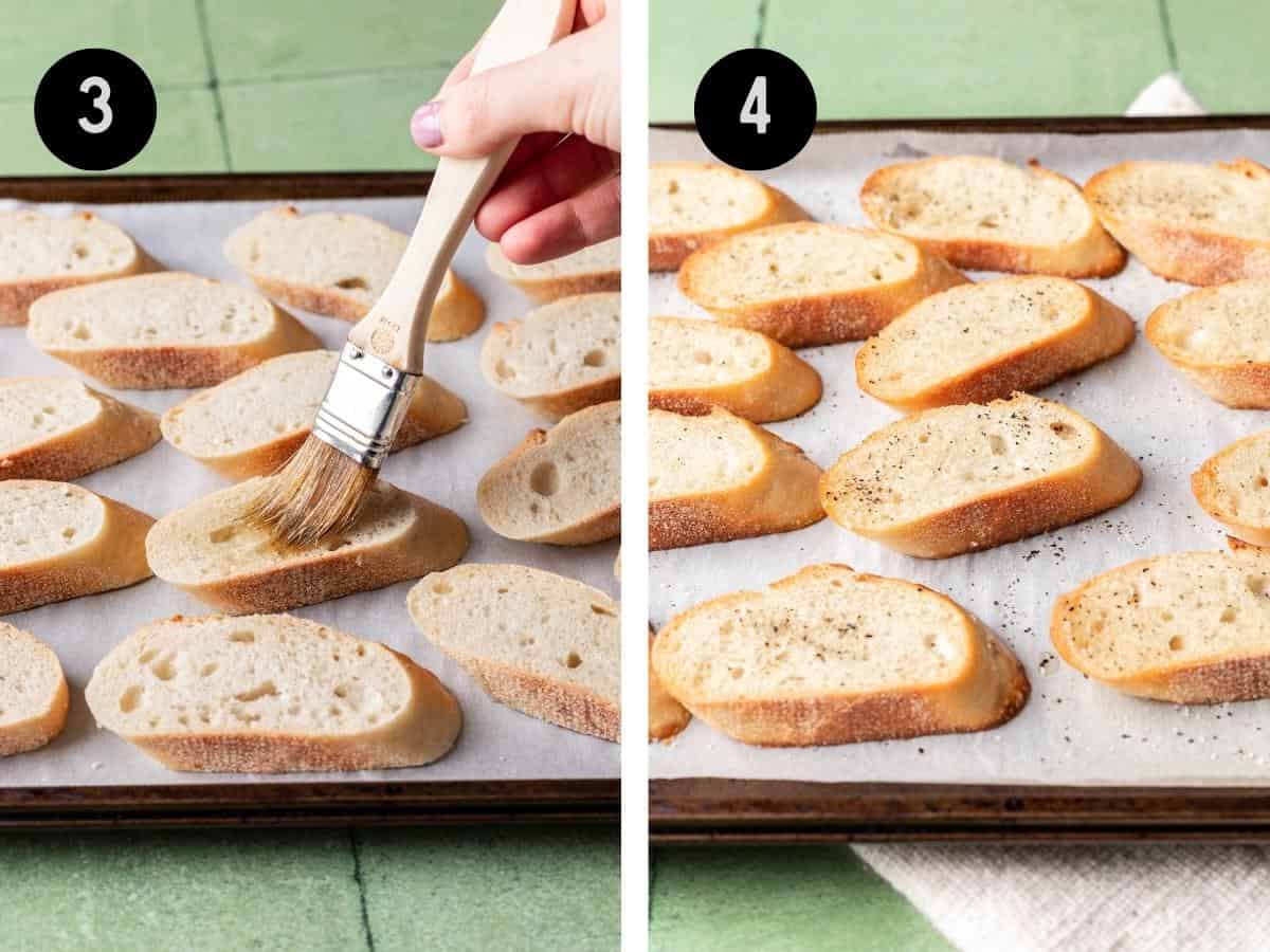 Sliced baguette on a baking sheet brushed with olive oil.