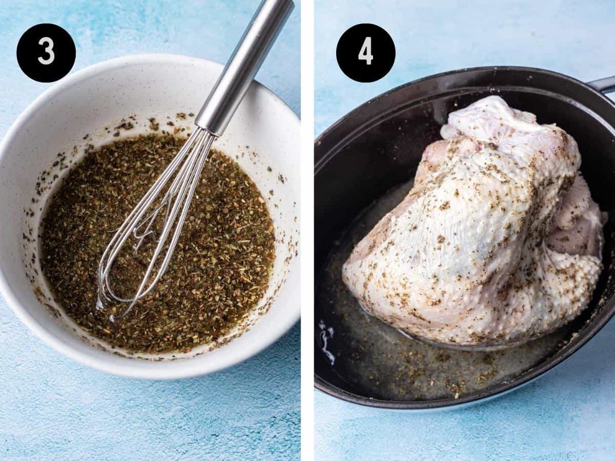 Olive oil added to the seasonings in a mixing bowl, then rubbed on the raw turkey breast.