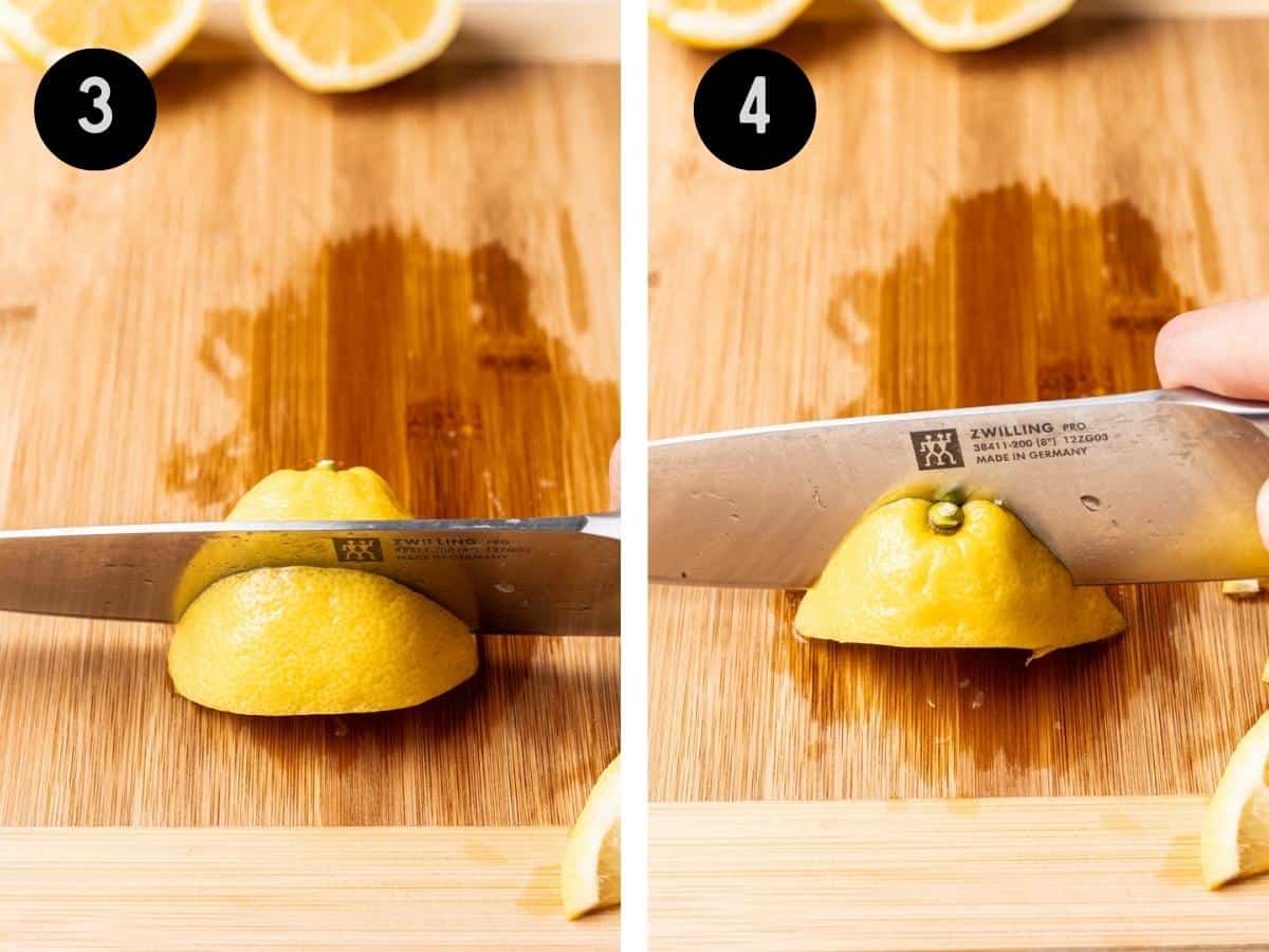 Cutting the remaining part of lemon into more lemon wedges.