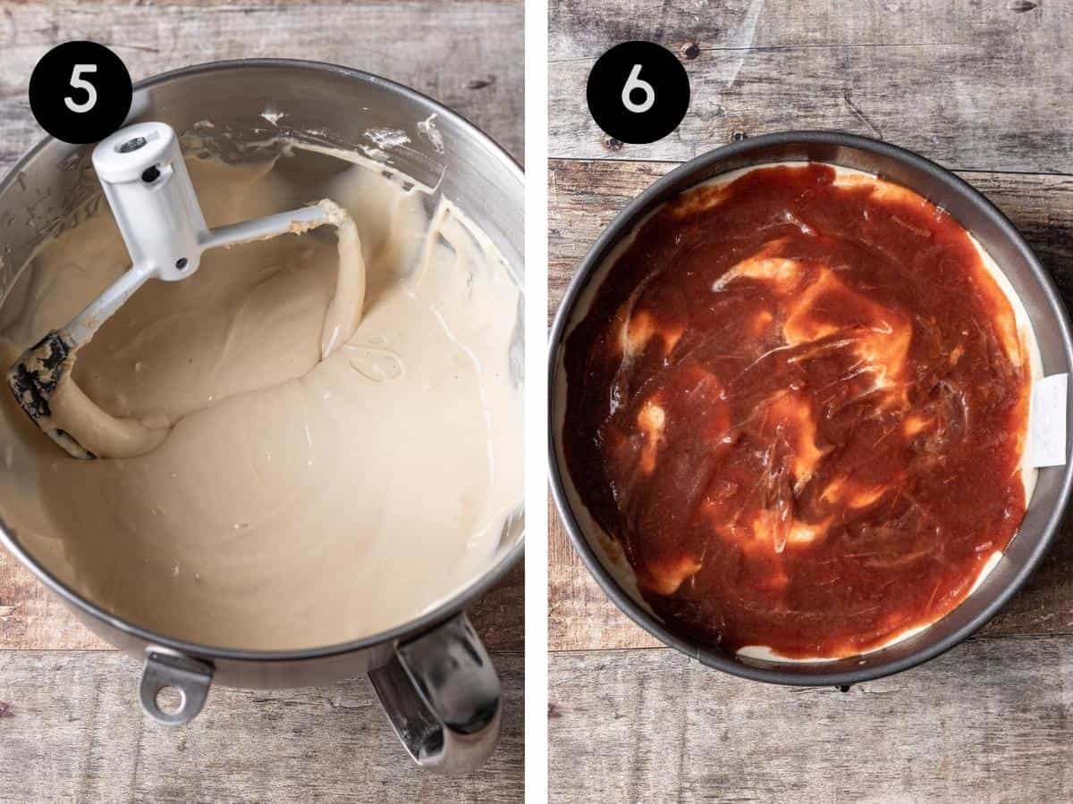 Wet ingredients for the brown sugar cheesecake in a mixing bowl. Cheesecake topped with apple butter in a springform pan.