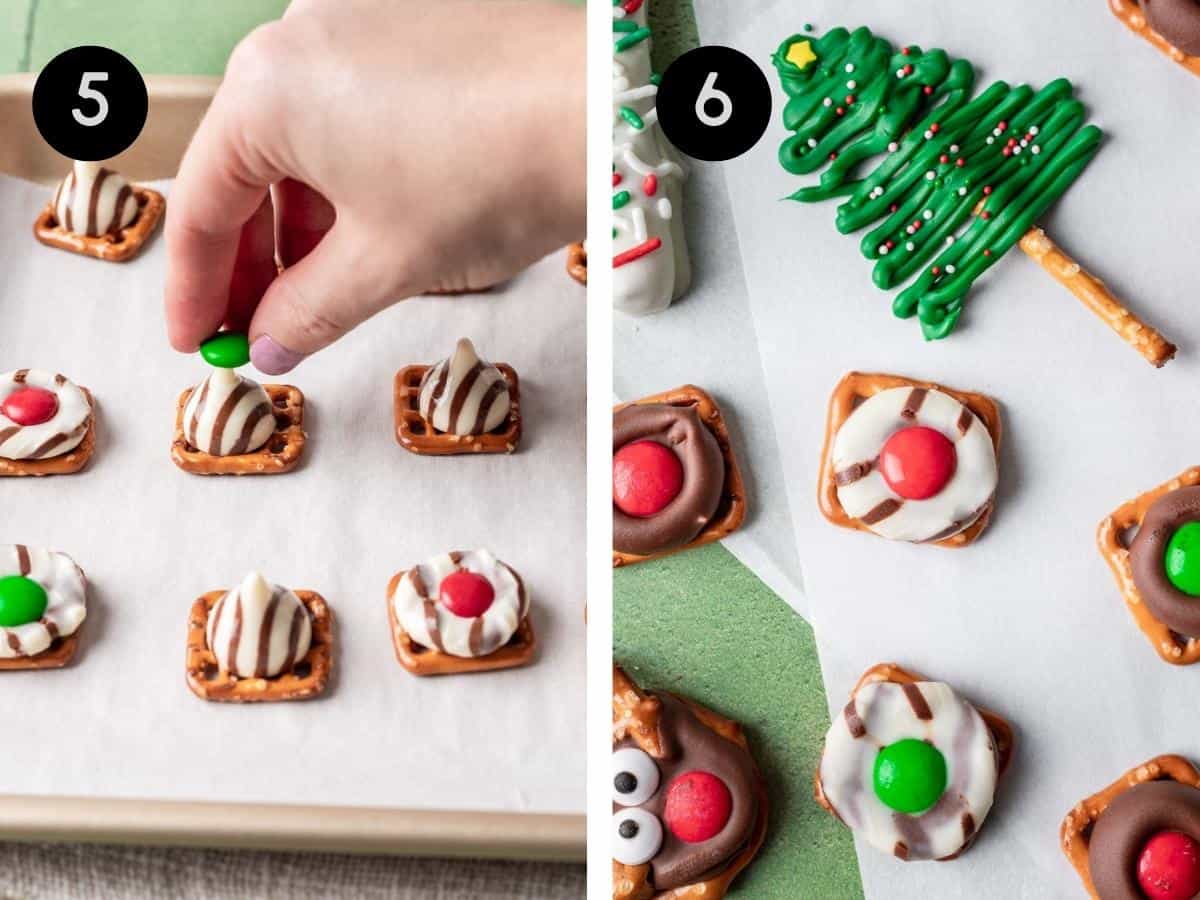 Snap pretzels with melted Hershey's hugs on top and a hand adding an m&m into the chocolate.