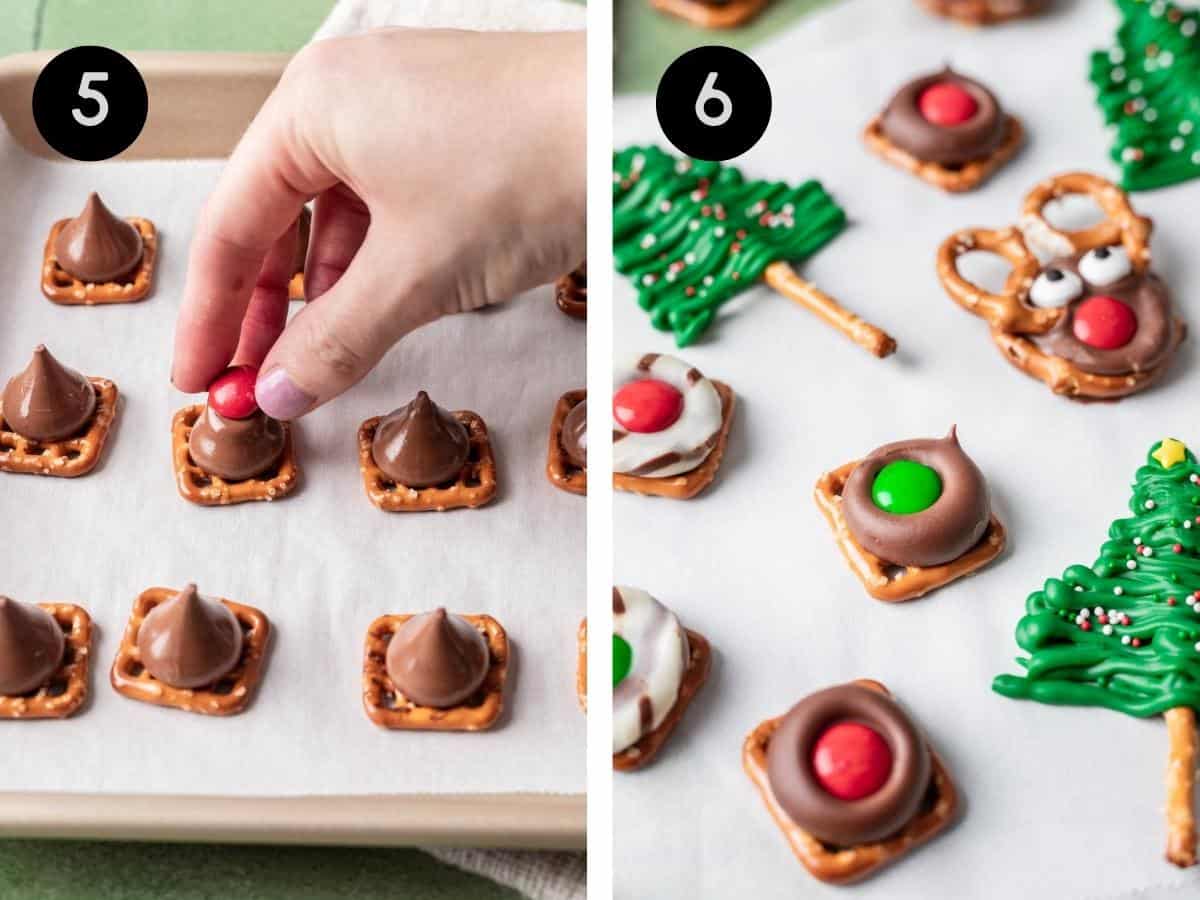 Snap pretzels with melted Hershey's kisses on top and a hand adding an m&m into the chocolate.