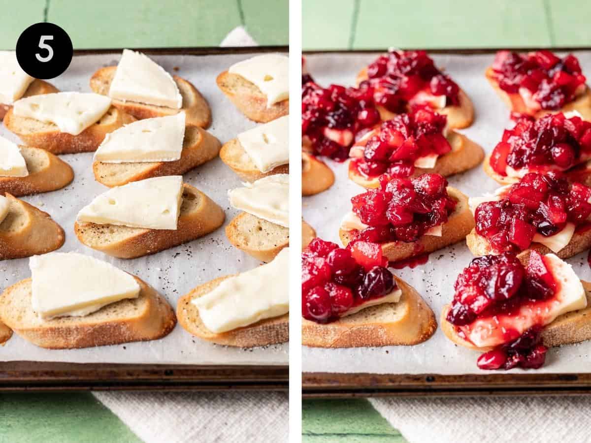 Slices of brie on sliced baguette. Then, topped with cranberry compote.