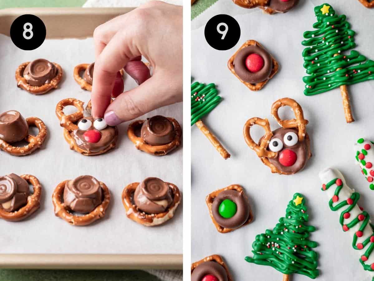 A hand adding candy eyes to the reindeer pretzels.