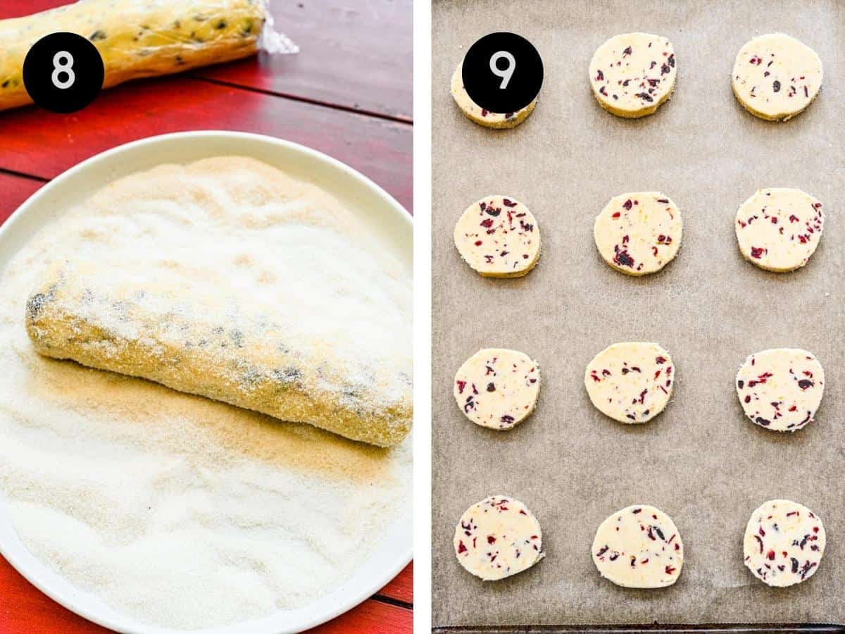 Cookie dough rolled into a log and rolled in sugar. Then, sliced and arranged on a baking sheet.