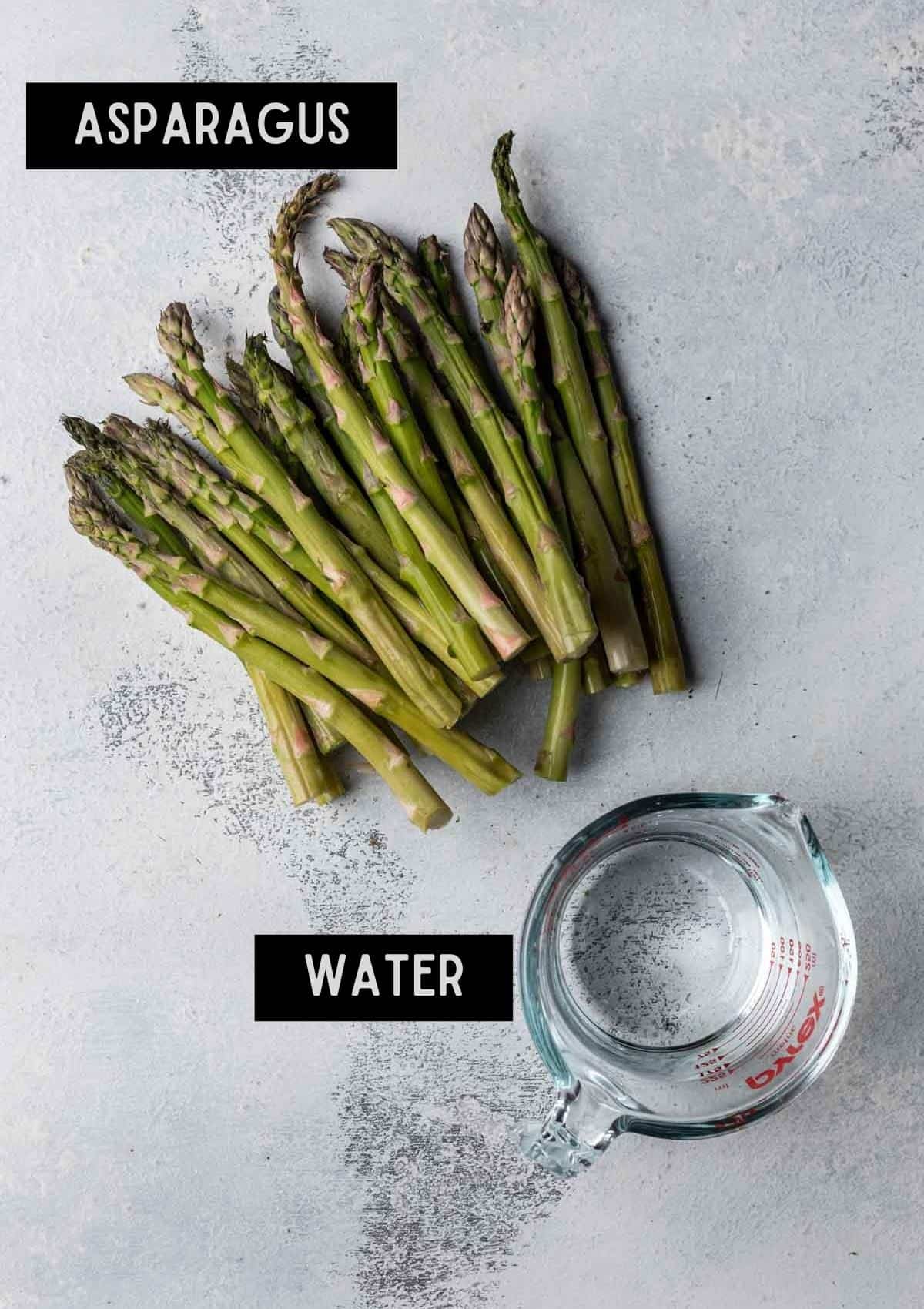 Labelled ingredients for instant pot asparagus (see recipe for details).