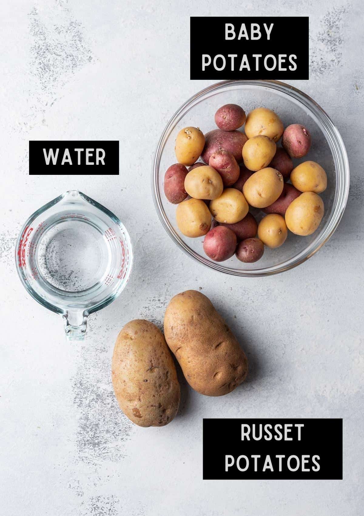 Labelled ingredients for instant pot boiled potatoes (see recipe for details).