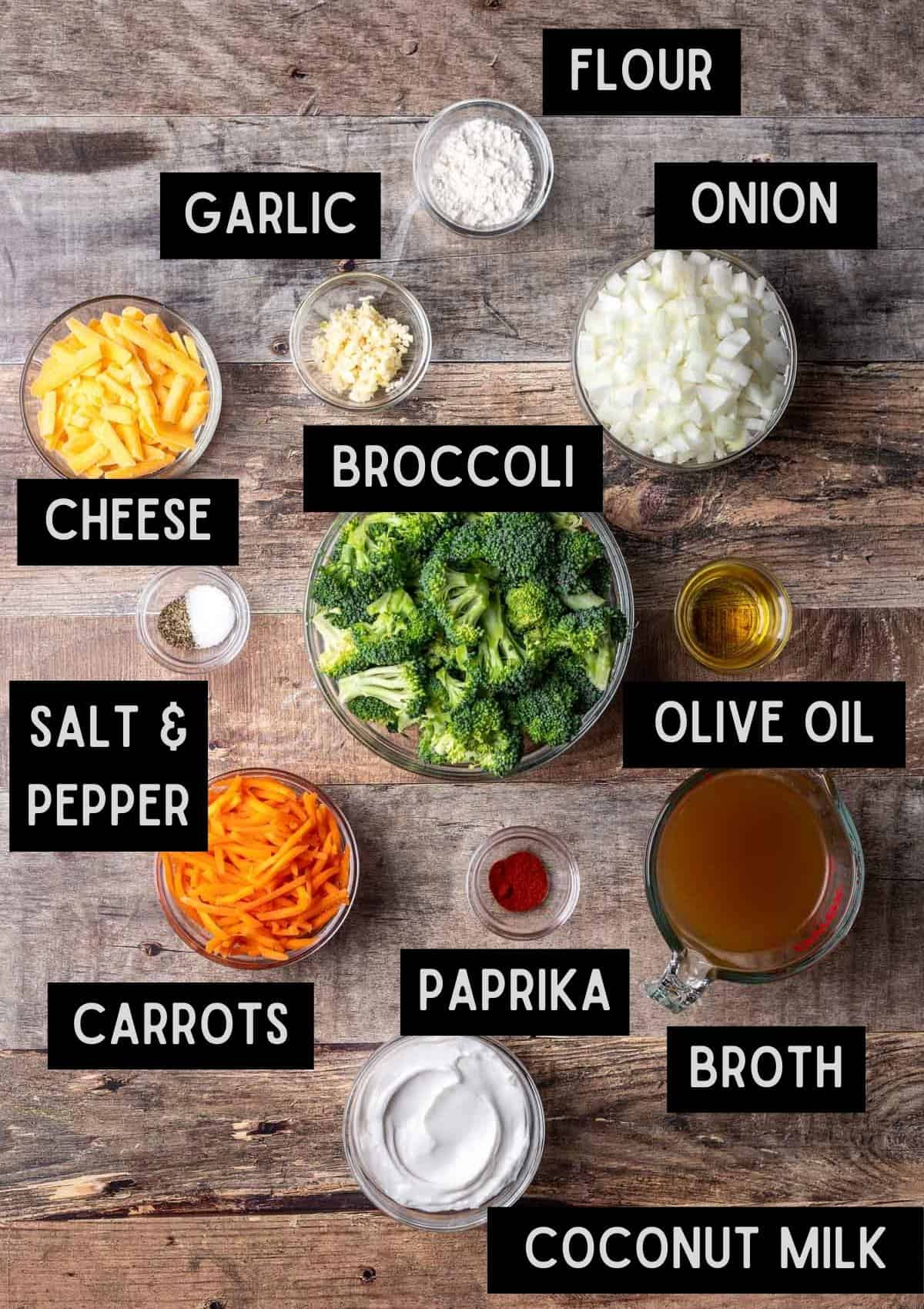 Labelled ingredients for instant pot broccoli cheddar soup (see recipe for details).
