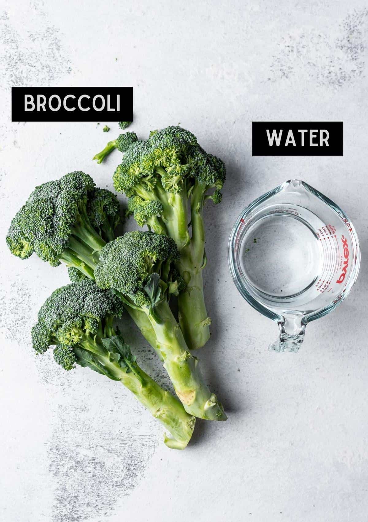 Labelled ingredients for instant pot broccoli (see recipe for details).