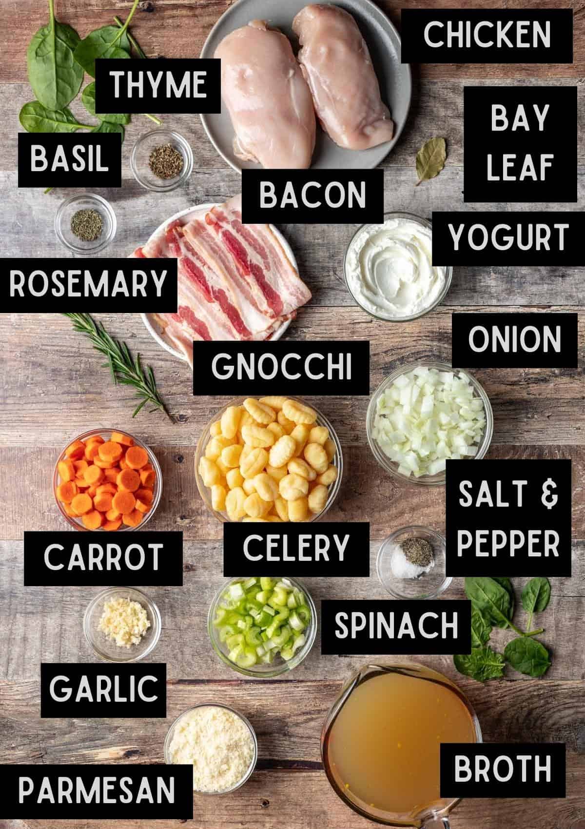 Labelled ingredients for instant pot chicken gnocchi soup (see recipe for details).