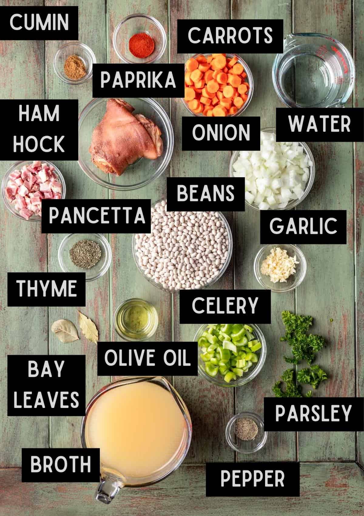 Labelled ingredients for instant pot navy bean soup (see recipe for details).