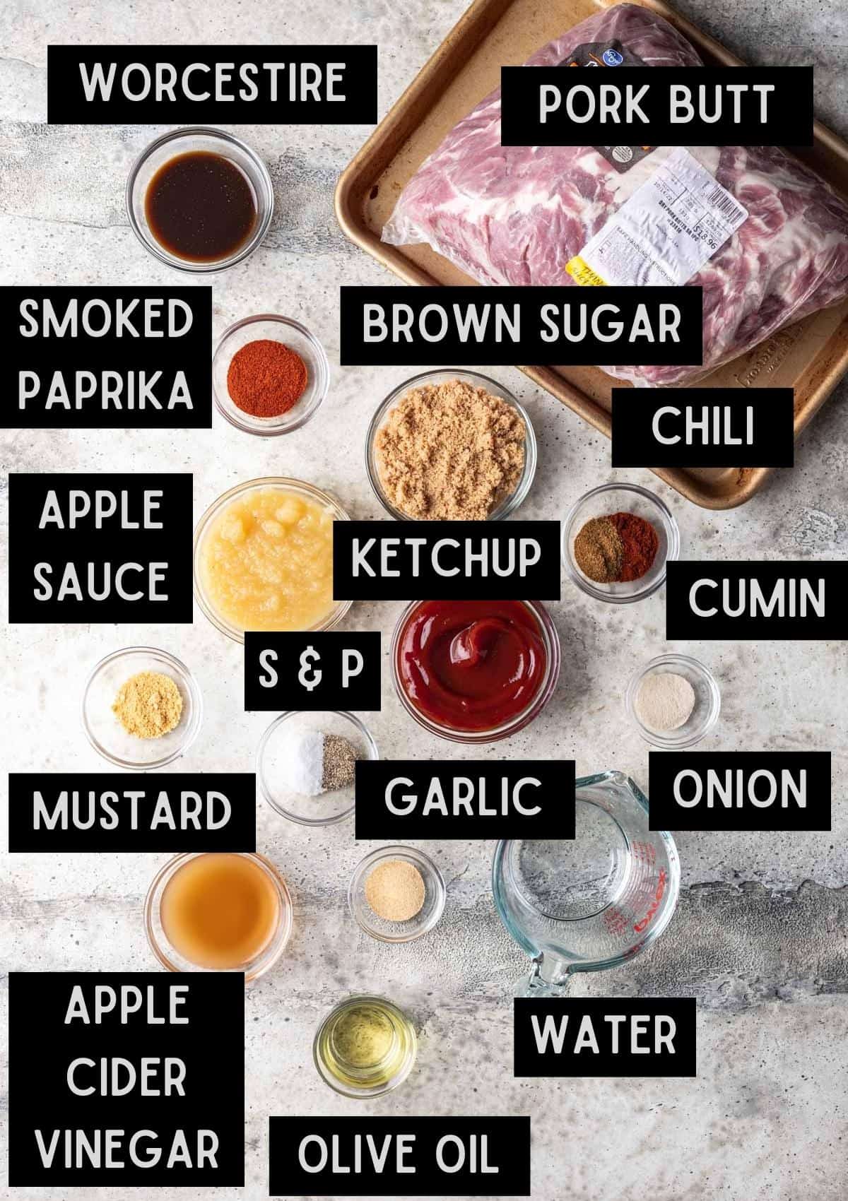 Labelled ingredients for instant pot pork butt (see recipe for details).